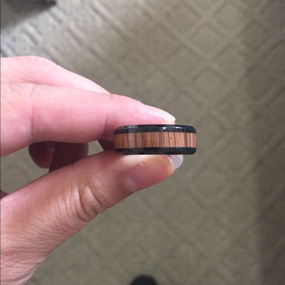 Tungsten Wood Inlay Men Black Ring - Picture 3 of 5